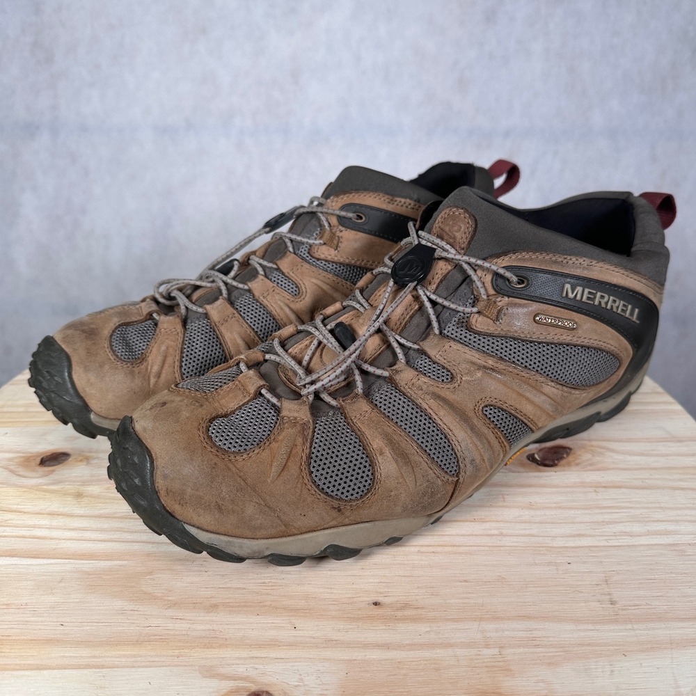 Merrell Hiking Shoes Mens Size 14 Brown Good Waterproof Vibram Chameleon Bungee